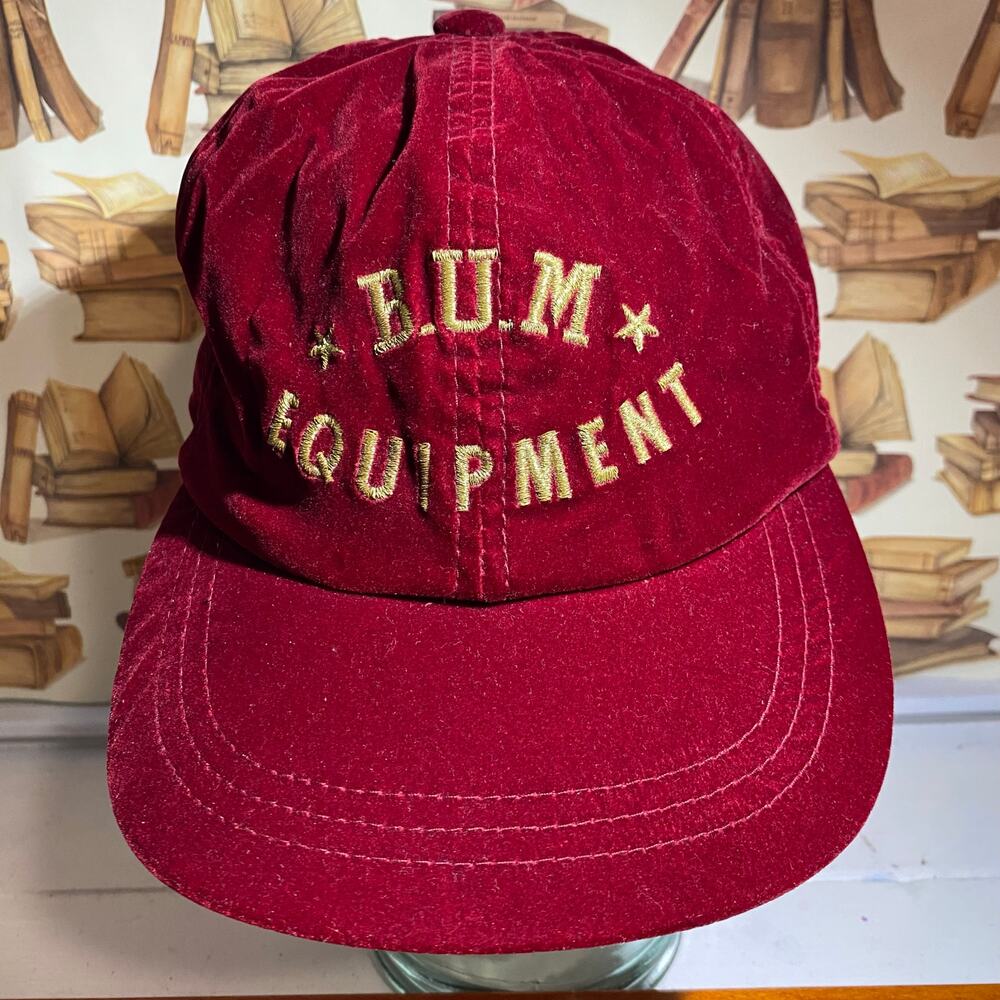Vintage B. U. M. Equipment Red Velveteen Baseball Cap Elastic Back One Size